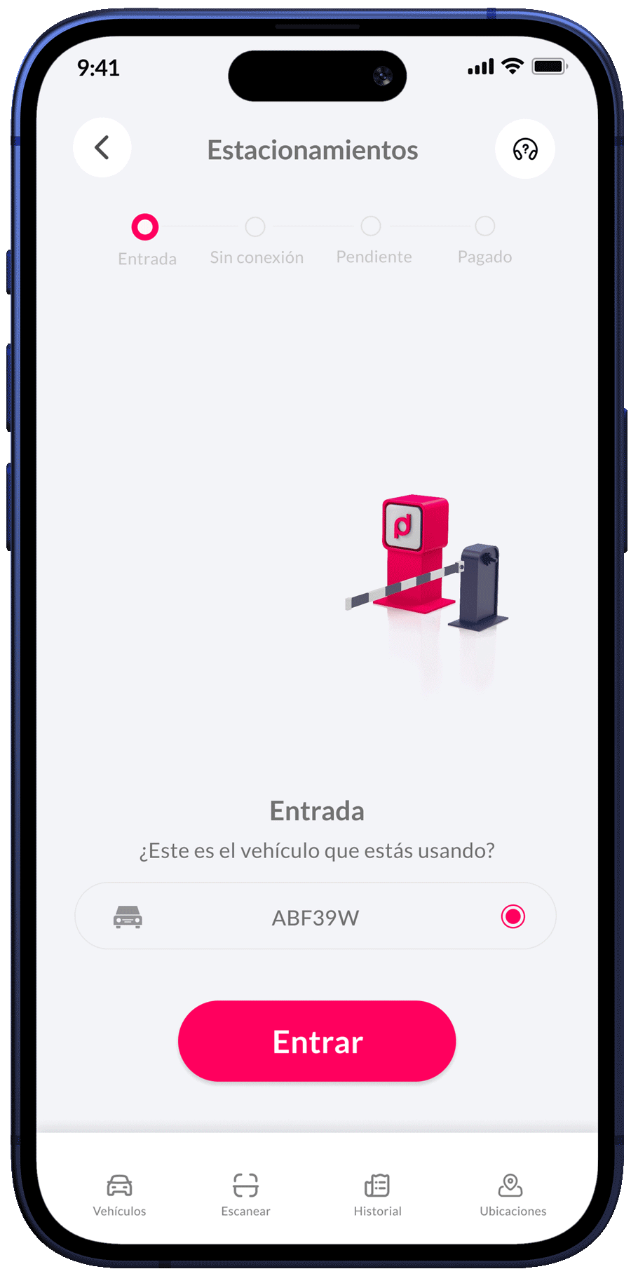 App PagoDirecto con iconos de bluetooth para acceso al estacionamiento