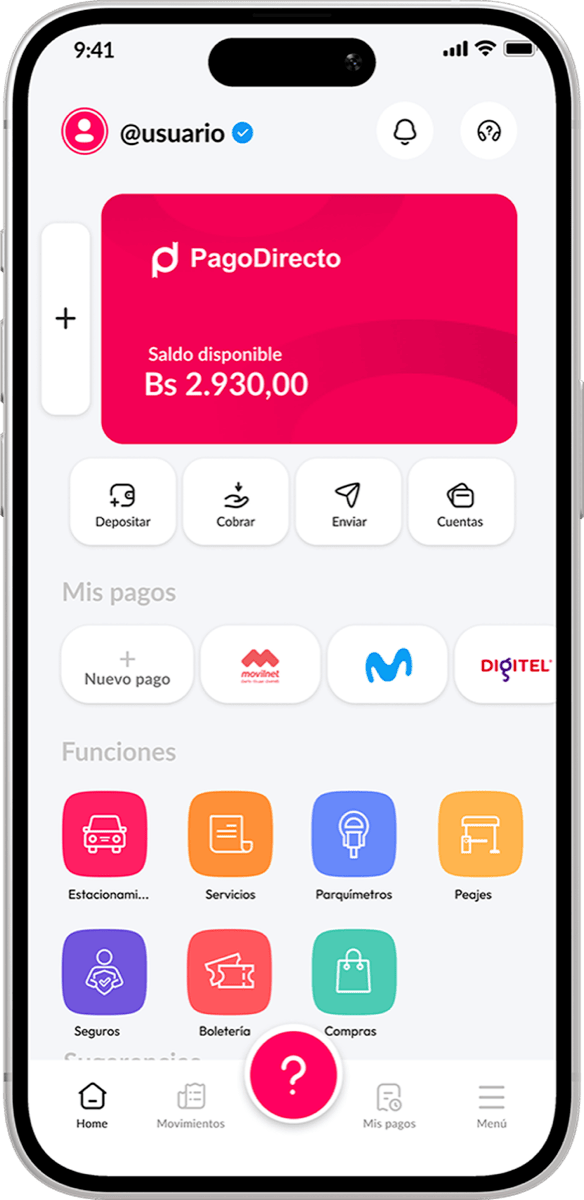 App PagoDirecto en pantalla móvil con todos los servicios disponibles